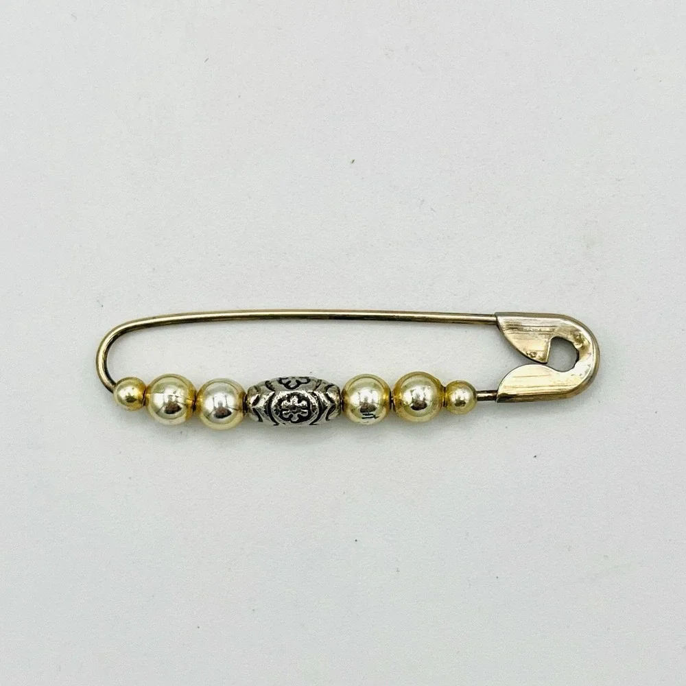 Safety Pin Pendant Brooch Zipper Pull Charm Gold Tone Key Chain Tag Beaded 2.25